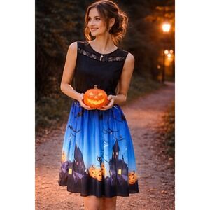 Halloween Dress Spooky Fall Festival Dress Sleeveless Haunted House Print